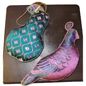 Partridge & Pear Plush Christmas Ornaments Purple & Teal Vintage Avon 1984